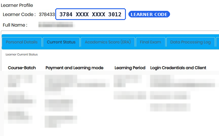 Sample showing Learner Code on Admission ID