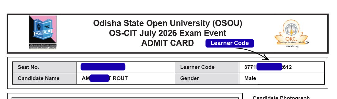 Sample showing Learner Code on Final Exam Admit Card